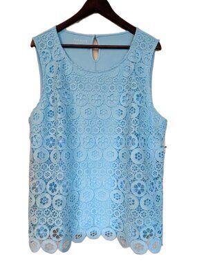 Talbots Floral Lace Overlay Sleeveless Top Aqua Blue Scalloped Hem XL NWT